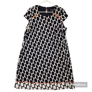 Madison Leigh Woman Dress Navy White Zipper Accent Geometric Cap Sleeve Sz 16